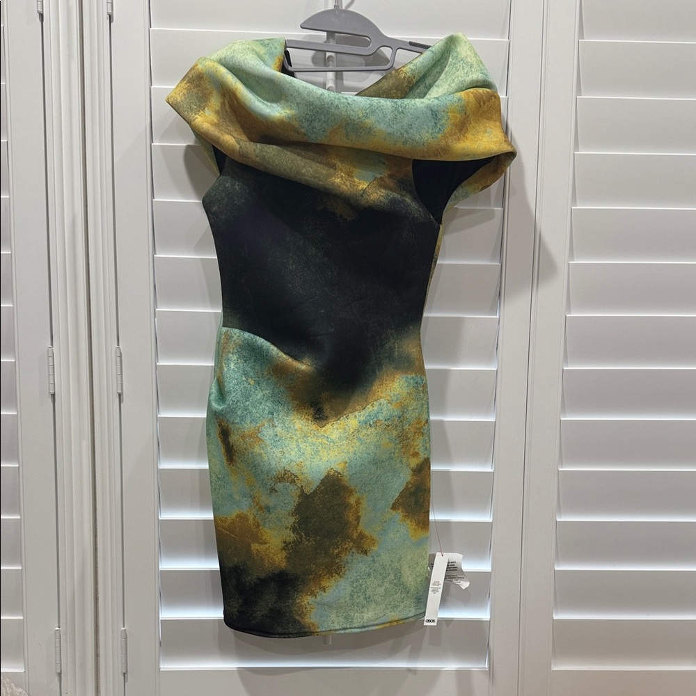 ASOS One Shoulder Dress in Black, Green, and Gold